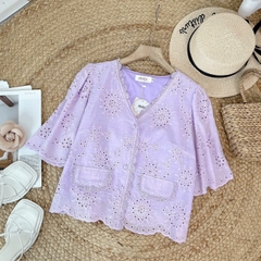 Áo Boi Thêu Dáng Baby Doll Cổ V Tay Ngắn Viền Ren Phối Túi Đi Biển Đi Dạo MIMIX - EJ3