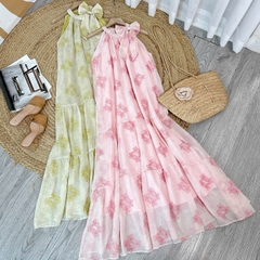 Đầm Maxi Yếm Nữ Thêu Hoa Chất Tơ Lụa Thêu Hoa 3D Đi Biển Đi Tiệc MIMIX - EM0