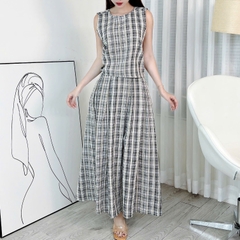 Set Váy Nữ Áo Caro Phối Khăn Choàng Cổ Mix Chân Váy Xếp Ly Dáng Dài Đi Du Lịch MIMIX - ES3
