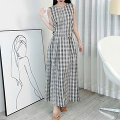 Set Váy Nữ Áo Caro Phối Khăn Choàng Cổ Mix Chân Váy Xếp Ly Dáng Dài Đi Du Lịch MIMIX - ES3