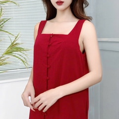 Váy Maxi Nữ 2 Dây Phối Nút Bọc Xẻ Tà Chất Đũi Và Cotton Đi Biển MIMIX - ES6