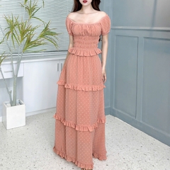 Set Váy Nữ Áo Smocking Mix Chân Váy Tầng Dáng Dài Xòe Chất Tơ Bông Tuyết Đi Biển MIMIX - EZ4