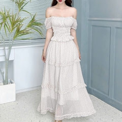 Set Váy Nữ Áo Smocking Mix Chân Váy Tầng Dáng Dài Xòe Chất Tơ Bông Tuyết Đi Biển MIMIX - EZ4