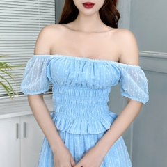 Set Váy Nữ Áo Smocking Mix Chân Váy Tầng Dáng Dài Xòe Chất Tơ Bông Tuyết Đi Biển MIMIX - EZ4