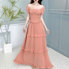 Set Váy Nữ Áo Smocking Mix Chân Váy Tầng Dáng Dài Xòe Chất Tơ Bông Tuyết Đi Biển MIMIX - EZ4