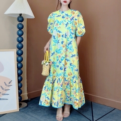 Váy Maxi Baby Doll Cổ Tròn Tay Ngắn Họa Tiết In Hoa Tay Ngắn Chất Boi In Hoa Lót Lụa Đi Biển MIMIX - ES8