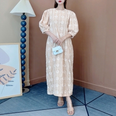 Váy Maxi Nữ Dáng Suông Cổ Tròn Tay Bồng Chất Boi Thêu Hoa Hồng Đi Biển MIMIX - ET0
