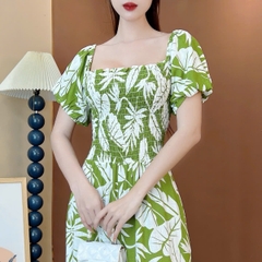 Jumpsuit Nữ Họa Tiết Lá Cổ Vuông Tay Bồng Bo Chun Chất Linen Sợi Tự Nhiên Đi Du Lịch MIMIX - ET6
