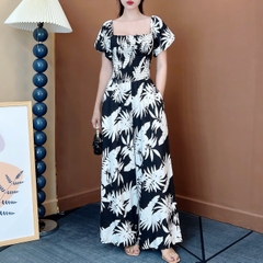 Jumpsuit Nữ Họa Tiết Lá Cổ Vuông Tay Bồng Bo Chun Chất Linen Sợi Tự Nhiên Đi Du Lịch MIMIX - ET6