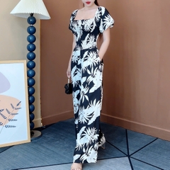 Jumpsuit Nữ Họa Tiết Lá Cổ Vuông Tay Bồng Bo Chun Chất Linen Sợi Tự Nhiên Đi Du Lịch MIMIX - ET6