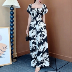 Jumpsuit Nữ Họa Tiết Lá Cổ Vuông Tay Bồng Bo Chun Chất Linen Sợi Tự Nhiên Đi Du Lịch MIMIX - ET6