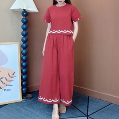 Set Bộ Áo Cổ Tròn Tay Ngắn Mix Quần Dài Thêu Lai Chất Cotton Cara Đi Dạo Phố MIMIX - ET5