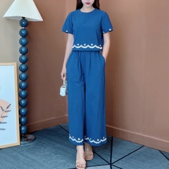 Set Bộ Áo Cổ Tròn Tay Ngắn Mix Quần Dài Thêu Lai Chất Cotton Cara Đi Dạo Phố MIMIX - ET5