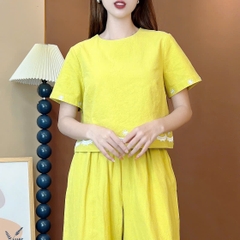 Set Bộ Áo Cổ Tròn Tay Ngắn Mix Quần Dài Thêu Lai Chất Cotton Cara Đi Dạo Phố MIMIX - ET5