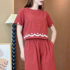 Set Bộ Áo Cổ Tròn Tay Ngắn Mix Quần Dài Thêu Lai Chất Cotton Cara Đi Dạo Phố MIMIX - ET5