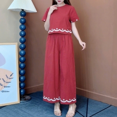 Set Bộ Áo Cổ Tròn Tay Ngắn Mix Quần Dài Thêu Lai Chất Cotton Cara Đi Dạo Phố MIMIX - ET5