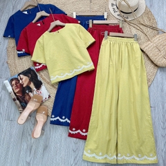 Set Bộ Áo Cổ Tròn Tay Ngắn Mix Quần Dài Thêu Lai Chất Cotton Cara Đi Dạo Phố MIMIX - ET5