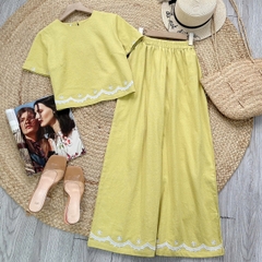 Set Bộ Áo Cổ Tròn Tay Ngắn Mix Quần Dài Thêu Lai Chất Cotton Cara Đi Dạo Phố MIMIX - ET5