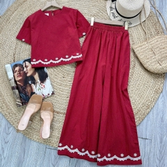 Set Bộ Áo Cổ Tròn Tay Ngắn Mix Quần Dài Thêu Lai Chất Cotton Cara Đi Dạo Phố MIMIX - ET5