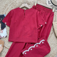 Set Bộ Áo Cổ Tròn Tay Ngắn Mix Quần Dài Thêu Lai Chất Cotton Cara Đi Dạo Phố MIMIX - ET5