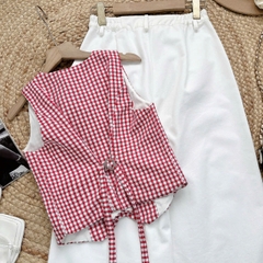 Áo Gile Caro Cổ Dạng Vest Phối Nút Chất Bố Lụa Công Sở MIMIX - EN1