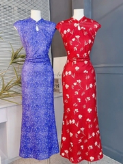 Đầm Body Hoa Váy Nhún Eo Cổ Tàu Giọt Nước Dáng Dài Đuôi Cá Chất Thun Lụa Mịn QC - EN2