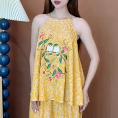 Set Bộ Yếm Áo Thêu Hoa Mix Uyên Ương Và Quần Dáng Dài Chất Lụa Tằm Cao Cấp Đi Dạo MIMIX - EU5