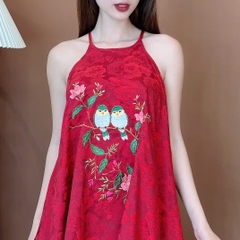Set Bộ Yếm Áo Thêu Hoa Mix Uyên Ương Và Quần Dáng Dài Chất Lụa Tằm Cao Cấp Đi Dạo MIMIX - EU5