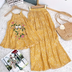 Set Bộ Yếm Áo Thêu Hoa Mix Uyên Ương Và Quần Dáng Dài Chất Lụa Tằm Cao Cấp Đi Dạo MIMIX - EU5