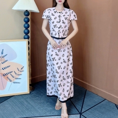 Set Váy Áo Cổ Tròn Tay Ngắn Mix Chân Váy Dáng Dài Hoa Hồng Ép Nhung Chất Chéo Lụa Đi Tiệc Đi Làm MIMIX - EU4