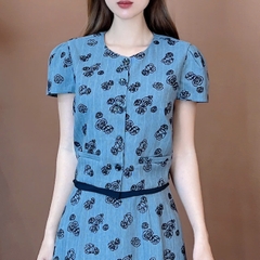 Set Váy Áo Cổ Tròn Tay Ngắn Mix Chân Váy Dáng Dài Hoa Hồng Ép Nhung Chất Chéo Lụa Đi Tiệc Đi Làm MIMIX - EU4