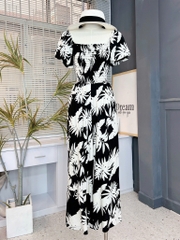 Jumpsuit Nữ Họa Tiết Lá Cổ Vuông Tay Bồng Bo Chun Chất Linen Sợi Tự Nhiên Đi Du Lịch MIMIX - ET6