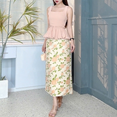 Set Bộ Nữ Áo 2 Dây Peplum Mix Chân Váy Gấm Hoa Dáng Dài Đi Du Lịch MIMIX - EX0
