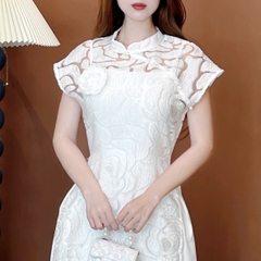 Set Áo Dài Nữ Cách Tân Chất Ren Ép 3D Kèm Đầm 2 Dây Chất Chéo Lụa MIMIX - DW9