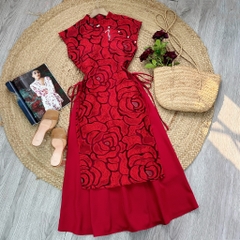 Set Áo Dài Nữ Cách Tân Chất Ren Ép 3D Kèm Đầm 2 Dây Chất Chéo Lụa MIMIX - DW9