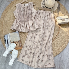 Set Bộ Hoa Áo Baby Doll Xếp Ly Mix Quần Dáng Dài Chất Đũi Vân Mây Đi Dạo Phố MIMIX - EV5