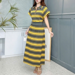 Set Váy Sọc Áo Khóa Kéo Mix Chân Váy Dáng Dài Đi Du Lịch Chất Thun Chéo Xịn QC MIMIX - EV6