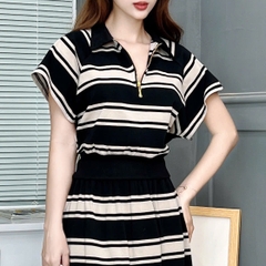Set Váy Sọc Áo Khóa Kéo Mix Chân Váy Dáng Dài Đi Du Lịch Chất Thun Chéo Xịn QC MIMIX - EV6