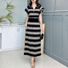 Set Váy Sọc Áo Khóa Kéo Mix Chân Váy Dáng Dài Đi Du Lịch Chất Thun Chéo Xịn QC MIMIX - EV6
