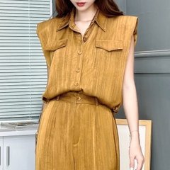 Set Bộ Nữ Áo Độn Vai Rút Eo Mix Quần Dáng Dài Chất Lụa Tô Châu Đi Làm Đi Chơi MIMIX - EW1