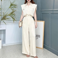 Set Bộ Nữ Áo Độn Vai Rút Eo Mix Quần Dáng Dài Chất Lụa Tô Châu Đi Làm Đi Chơi MIMIX - EW1