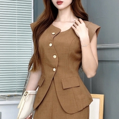 Set Bộ Vest Áo Đệm Vai Nút Lệch Mix Quần Dáng Suông Dài Chất Chéo Kim Cương Công Sở MIMIX - EV4