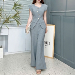 Set Bộ Vest Áo Đệm Vai Nút Lệch Mix Quần Dáng Suông Dài Chất Chéo Kim Cương Công Sở MIMIX - EV4