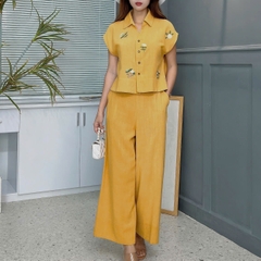 Set Áo Tay Ngắn Cổ Sơ Mi Thêu Hoa Mix Quần Dài Chất Linen Bamboo Thêu Đi Dạo Phố MIMIX - EW7
