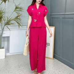 Set Áo Tay Ngắn Cổ Sơ Mi Thêu Hoa Mix Quần Dài Chất Linen Bamboo Thêu Đi Dạo Phố MIMIX - EW7