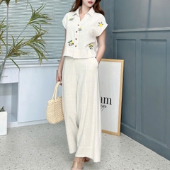 Set Áo Tay Ngắn Cổ Sơ Mi Thêu Hoa Mix Quần Dài Chất Linen Bamboo Thêu Đi Dạo Phố MIMIX - EW7