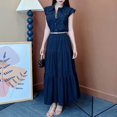 Set Váy Áo Sơ Mi Rút Dây Mix Chân Váy Dáng Dài Xòe Chất Linen Gân Đi Làm Đi Dạo MIMIX - EW2