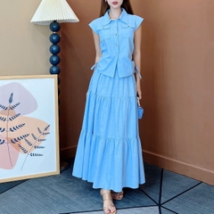 Set Váy Áo Sơ Mi Rút Dây Mix Chân Váy Dáng Dài Xòe Chất Linen Gân Đi Làm Đi Dạo MIMIX - EW2