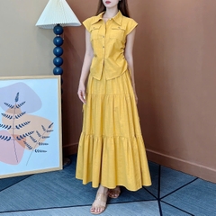 Set Váy Áo Sơ Mi Rút Dây Mix Chân Váy Dáng Dài Xòe Chất Linen Gân Đi Làm Đi Dạo MIMIX - EW2