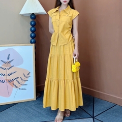 Set Váy Áo Sơ Mi Rút Dây Mix Chân Váy Dáng Dài Xòe Chất Linen Gân Đi Làm Đi Dạo MIMIX - EW2